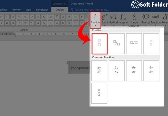 Chọn mục Fraction (phân số) trên thanh công cụ