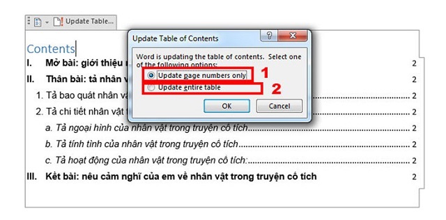 Tùy chọn dạng update cho mục lục