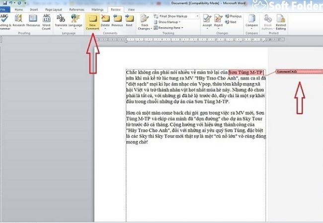 Xuất hiện ô comment ở bên phải đoạn cuối chú thích