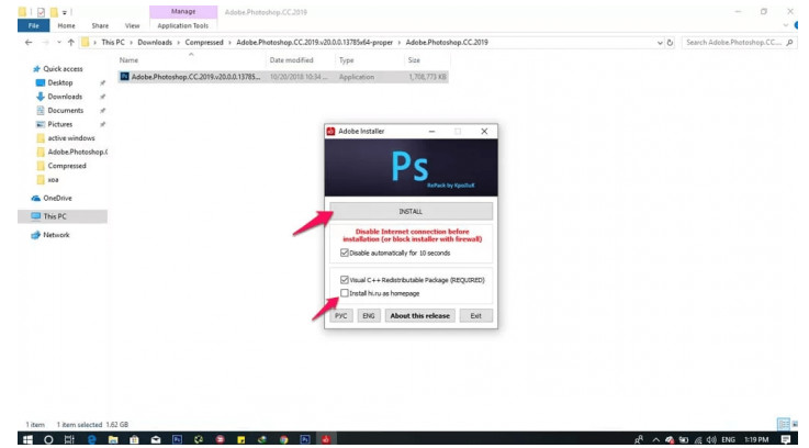 Tại cửa sổ Adobe Installer xuất, bạn click chọn vào 2 ô trống đầu tiên